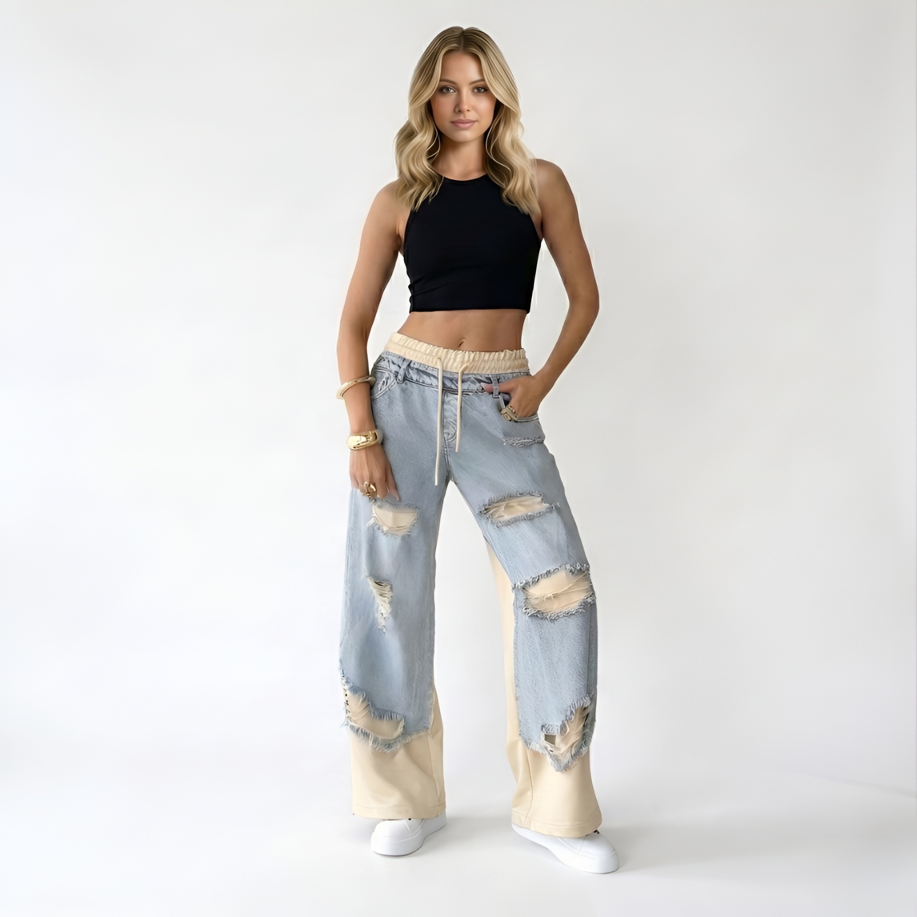 Women Denim Trousers With Stitching And Ripped Design
