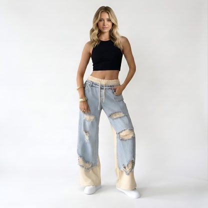 Women Denim Trousers With Stitching And Ripped Design