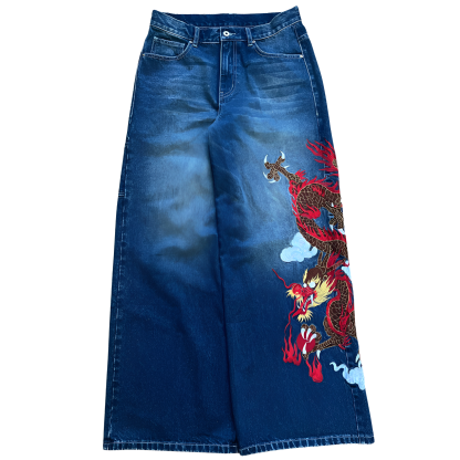 Dragon Embroidered Baggy Denim Jeans With Subtle Flare Fit