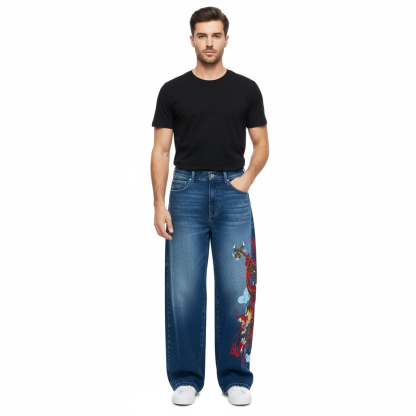 Dragon Embroidered Baggy Denim Jeans With Subtle Flare Fit