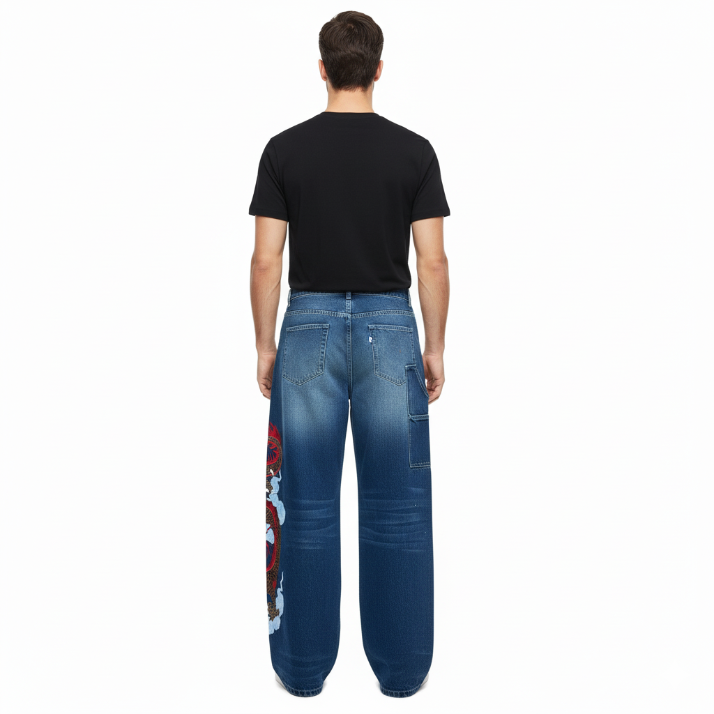 Dragon Embroidered Baggy Denim Jeans With Subtle Flare Fit