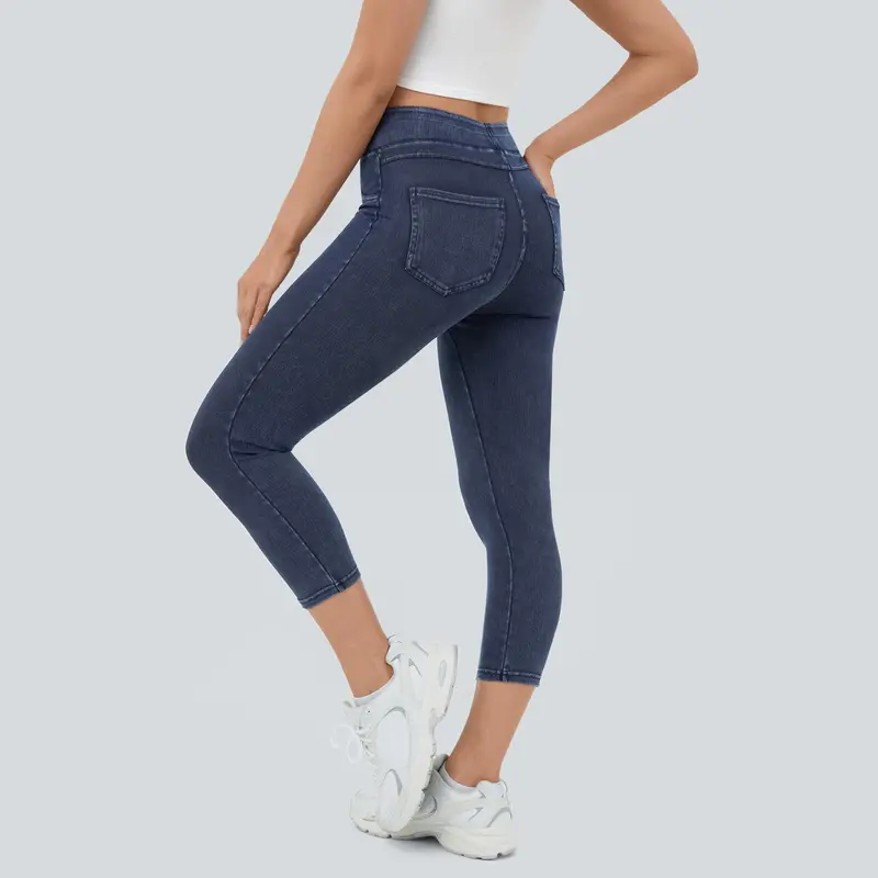 High Rise Stretchy Knit Denim Capri Leggings For Women