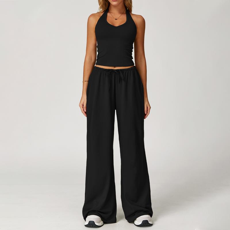 Casual Summer Ribbed Matching Set With Athleisure Strappy Top And Pants