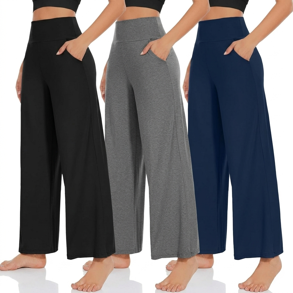 Pack Of 3 Wide Fit High Rise Pants Pockets For Women