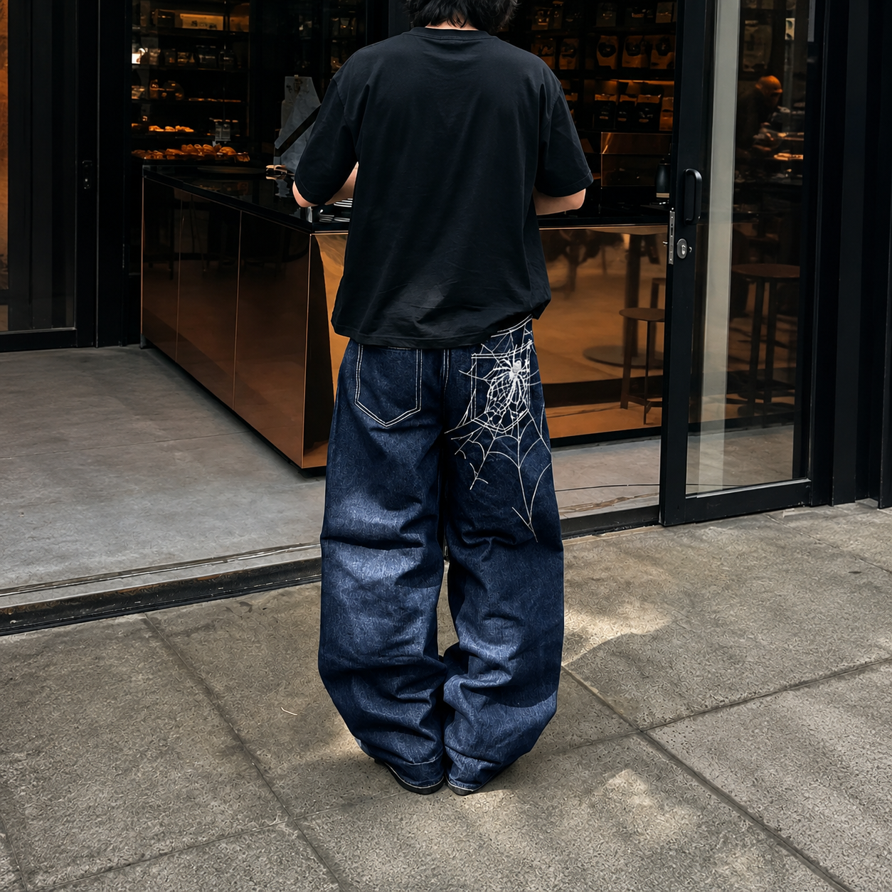 Loose Vintage Spider Web Embroidered Jeans For Men