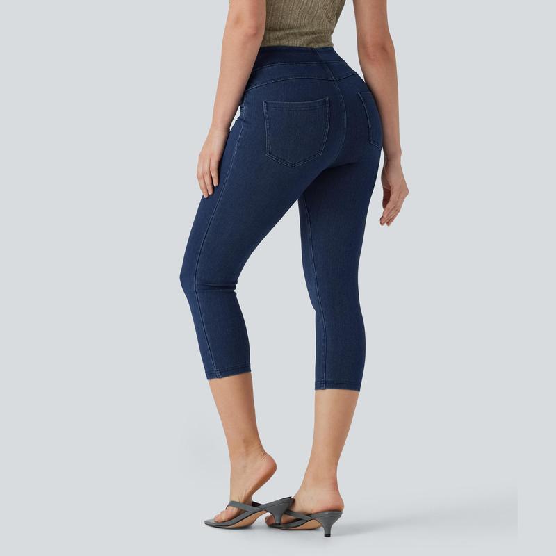 High Rise Stretchy Knit Denim Capri Leggings For Women