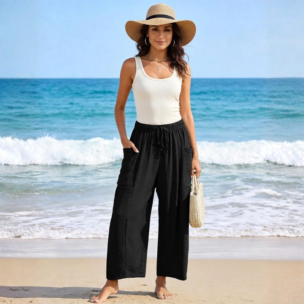 High Rise Flowy Palazzo Wide Harem Pants for Women With Drawstring and Pockets