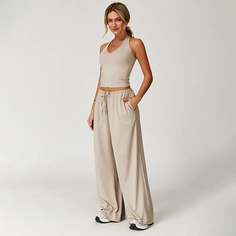 Casual Summer Ribbed Matching Set With Athleisure Strappy Top And Pants