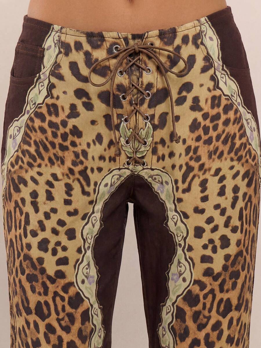MUSERA Peacock Print Lace Up Straight Leg Printed Jeans Coo - Brown - View 5