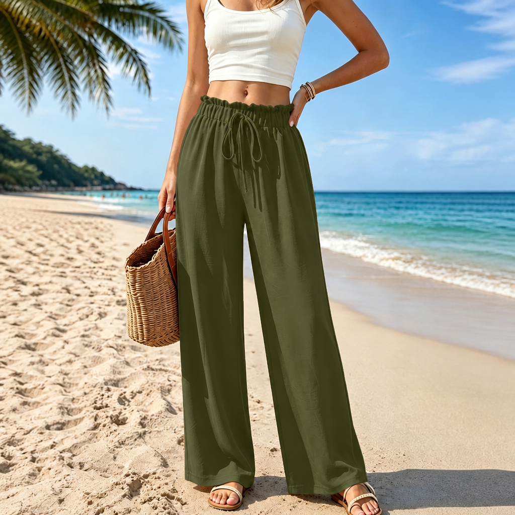 Flowy Drawstring Palazzo Beach Pants for Women
