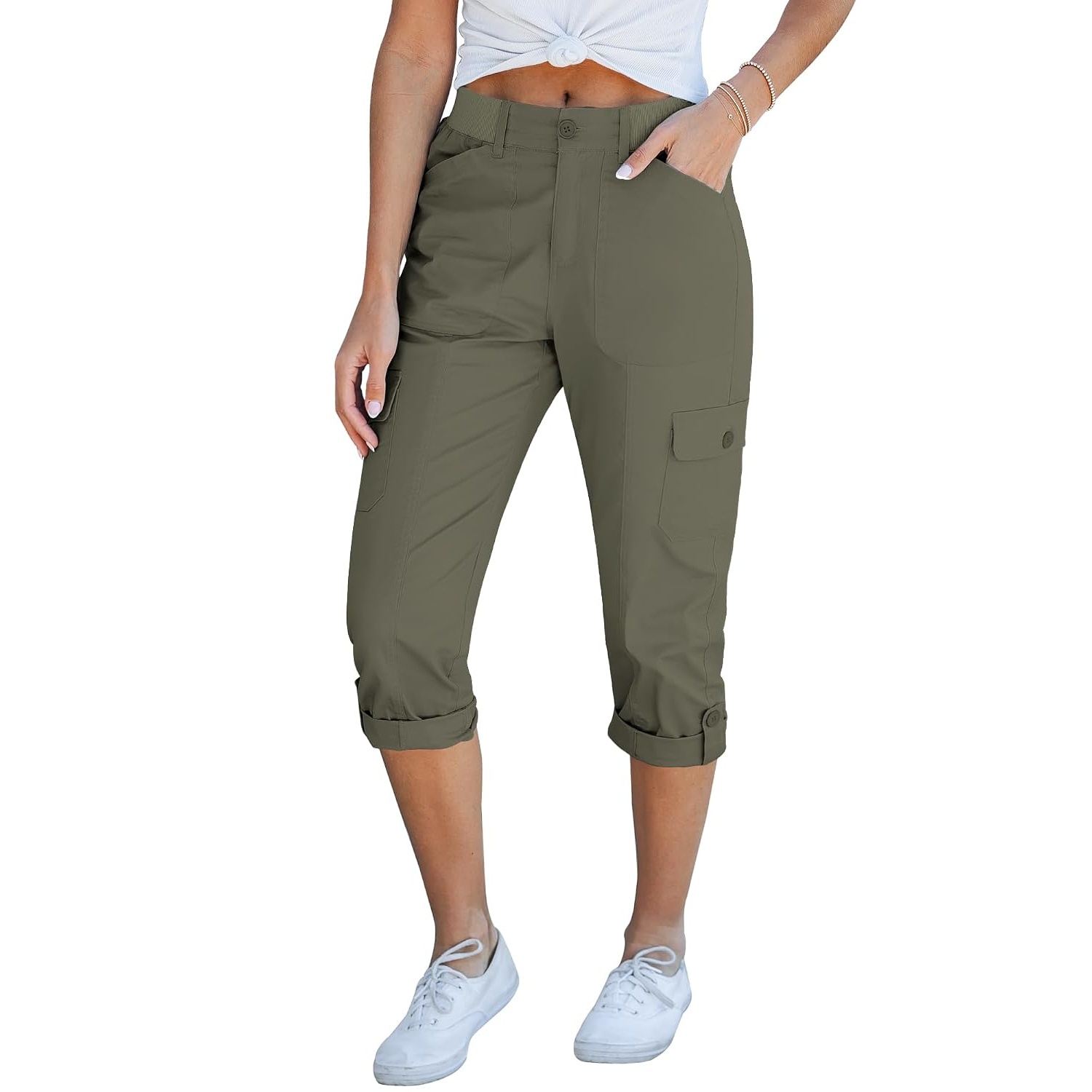 Casual Cargo Capri Pants With Knit Waistband