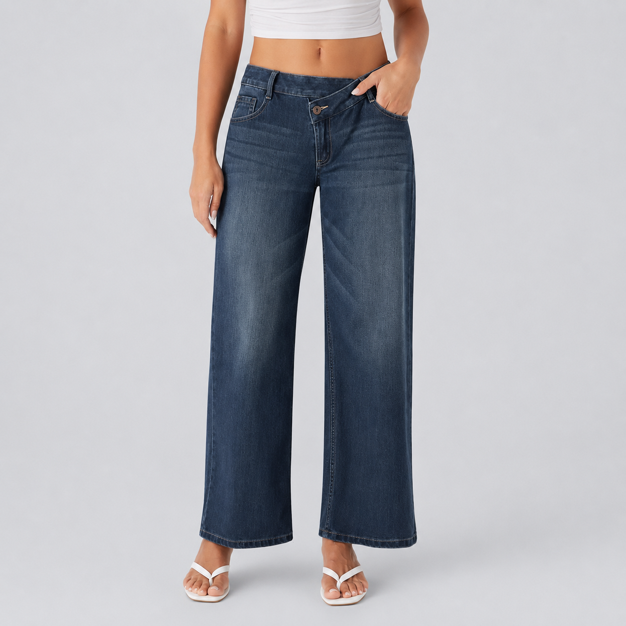 Asymmetric Low Rise Baggy Wide Casual Jeans With Pockets For Women