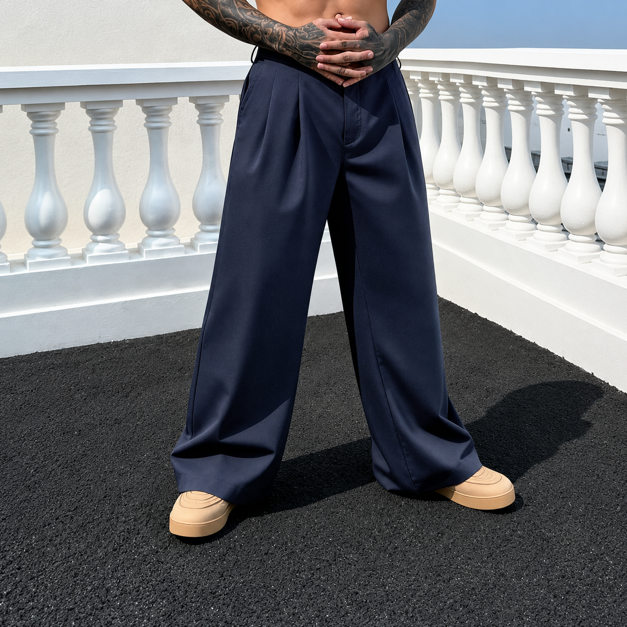 Loose Fit Pleated Casual Trousers With Button Detail For Men
