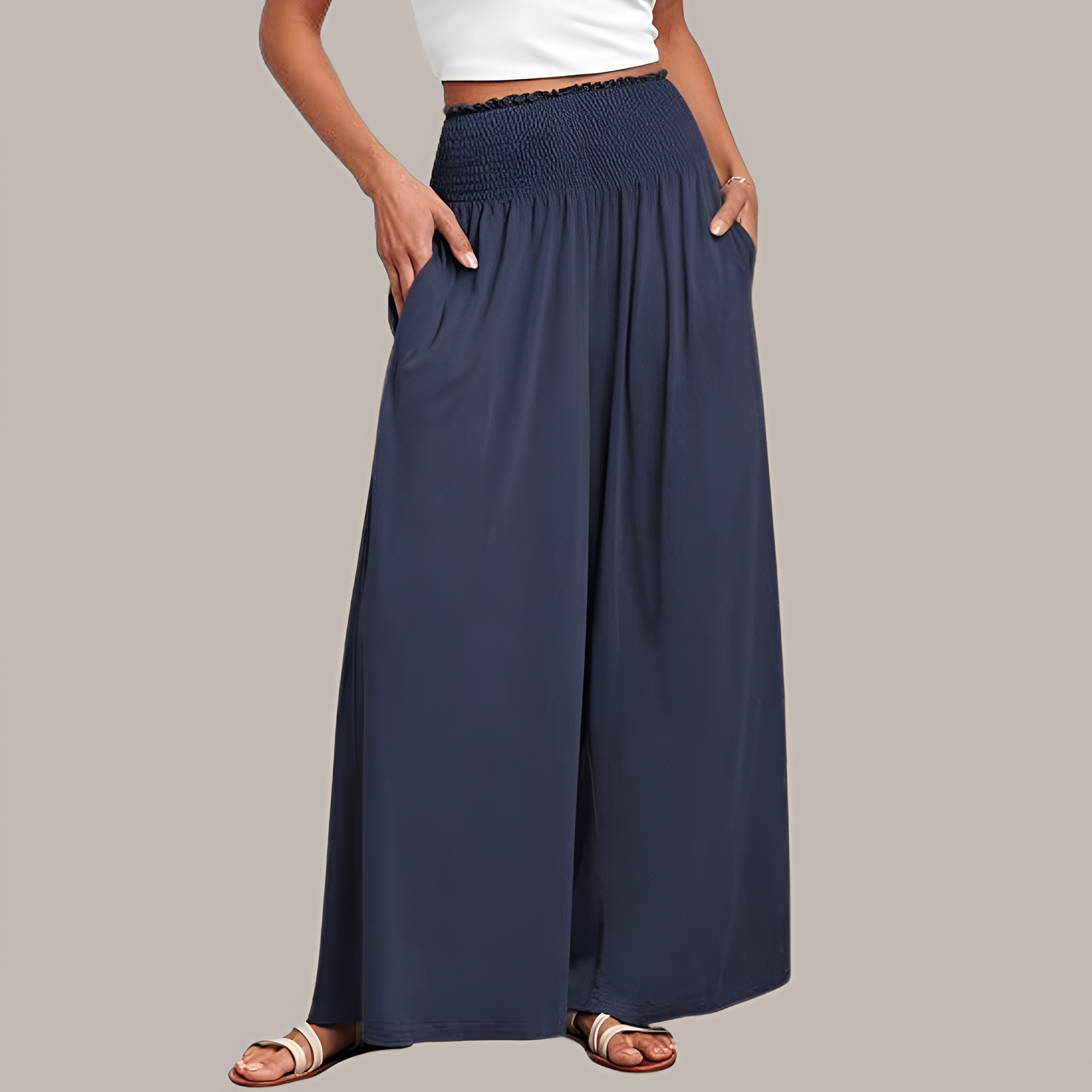 Casual Smocked Waist Wide Shank PantsSummer Boho Palazzo Pants With Baggy Fit And Loose Lounge Design For Women - Image 6