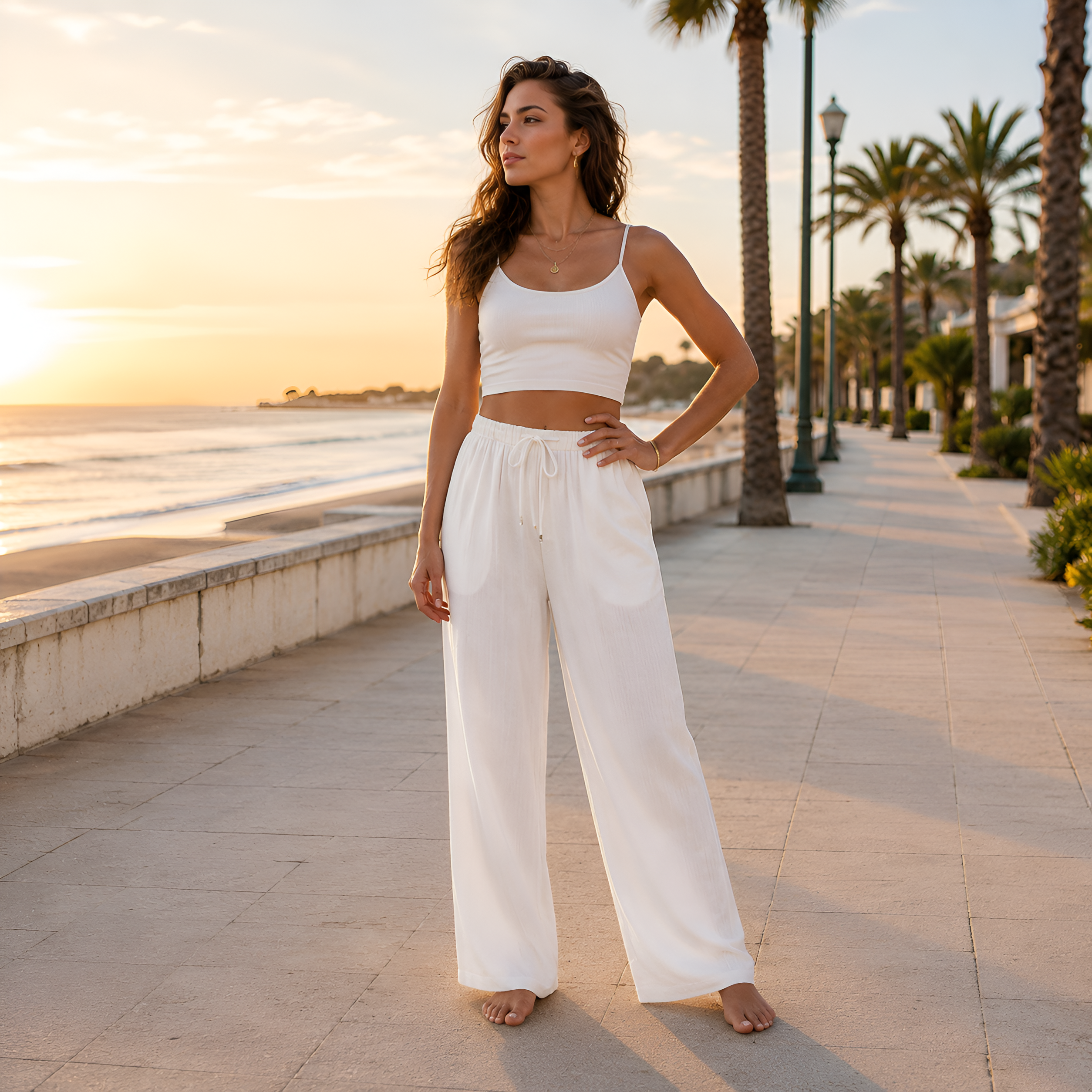Summer Palazzo Pants With Drawstring And Boho Style For Women
