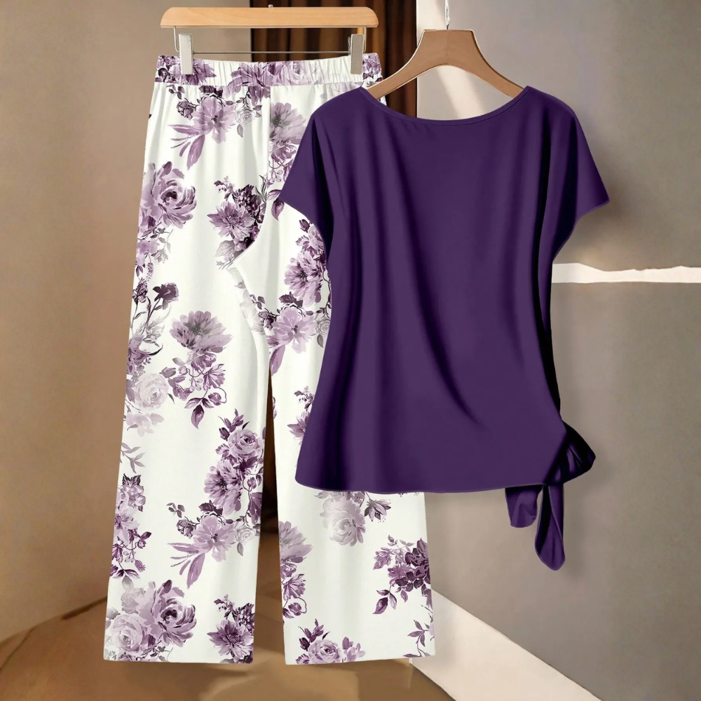 Casual Bowknot Shirt & Loose Straight Geometric Print Pants Set