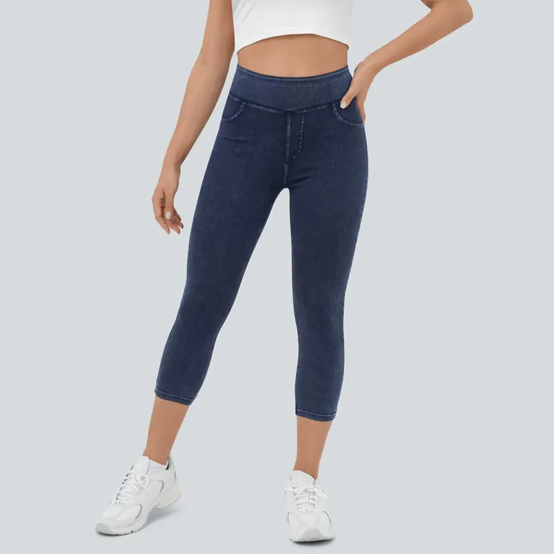 High Rise Stretchy Knit Denim Capri Leggings For Women
