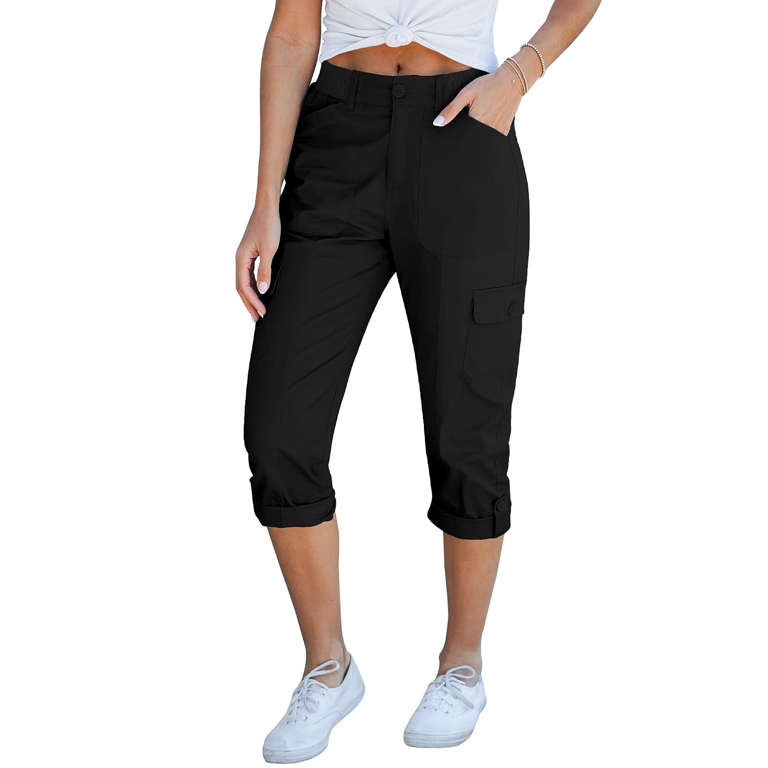 Casual Cargo Capri Pants With Knit Waistband