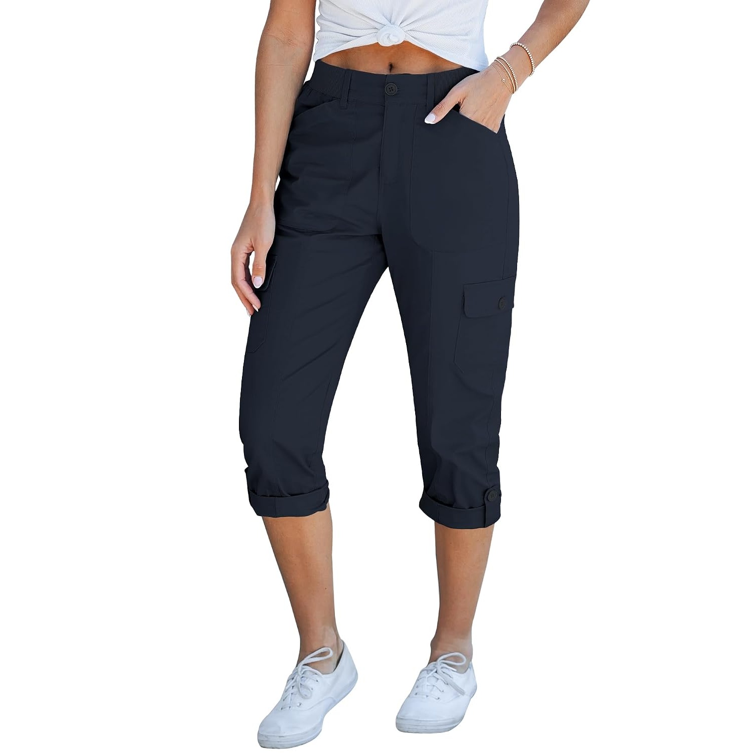 Casual Cargo Capri Pants With Knit Waistband