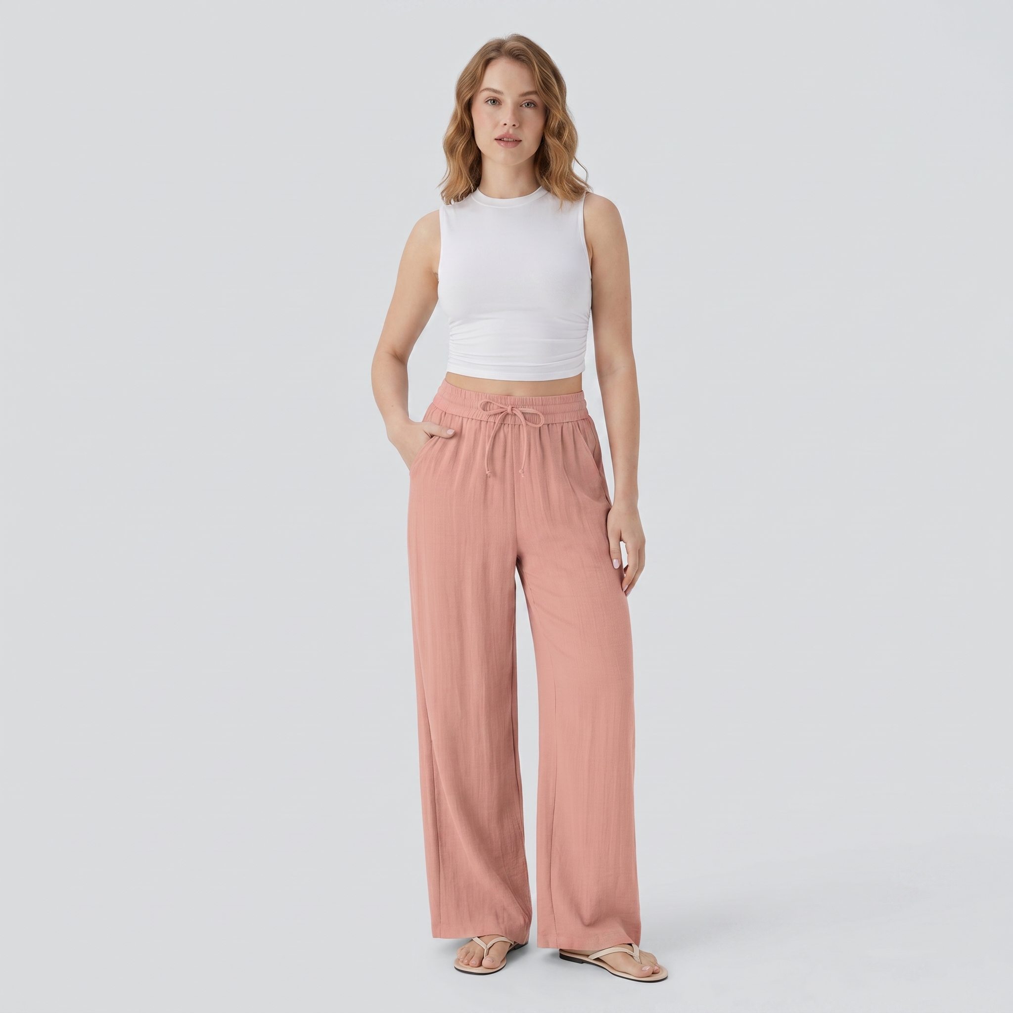 High Waisted Drawstring Pocket Wide Leg Casual Linen-Feel Pants