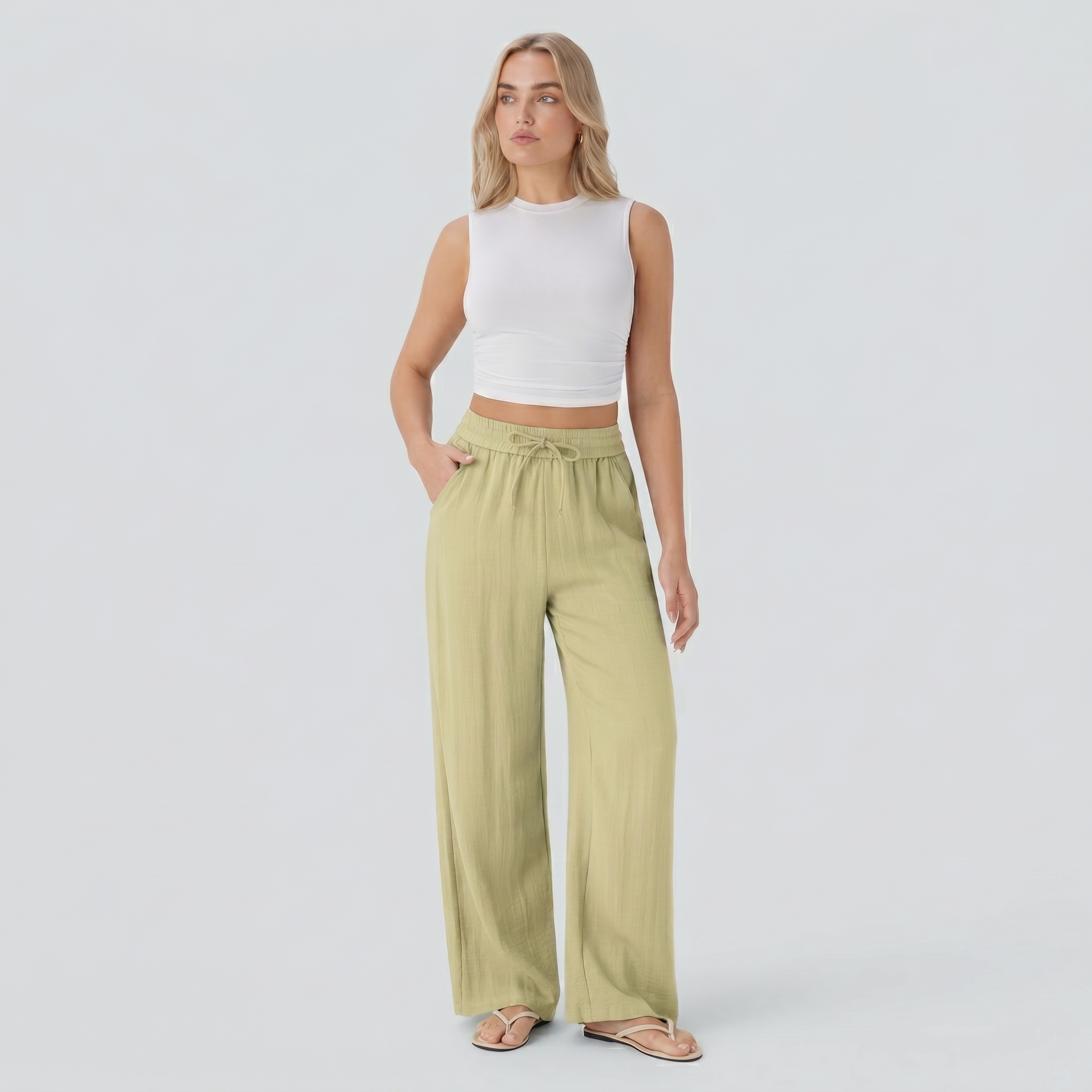 High Waisted Drawstring Pocket Wide Leg Casual Linen-Feel Pants