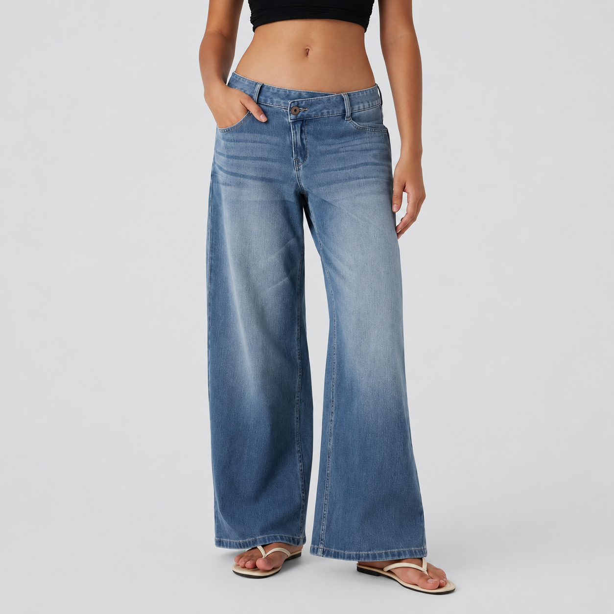 Asymmetric Low Rise Baggy Wide Casual Jeans With Pockets For Women