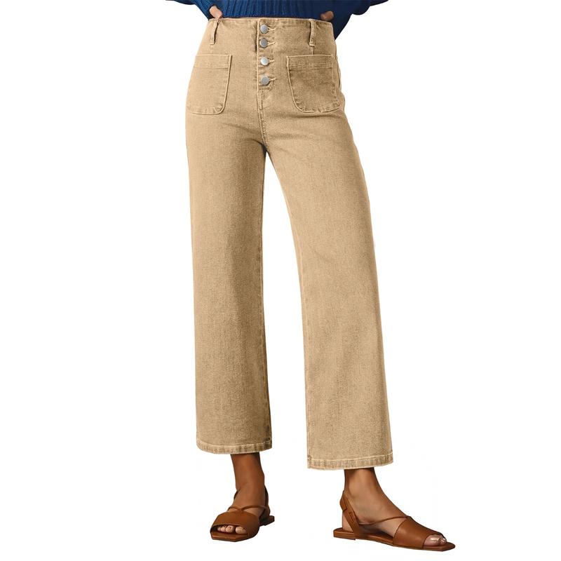 Stretchy Straight Fit Buttoned Loose Pants With Pockets For Women