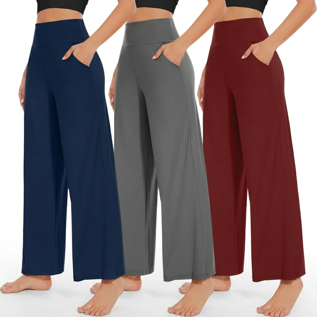 Pack Of 3 Wide Fit High Rise Pants Pockets For Women