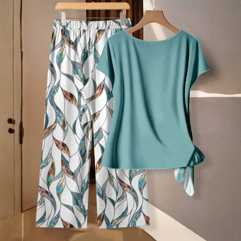 Casual Bowknot Shirt & Loose Straight Geometric Print Pants Set