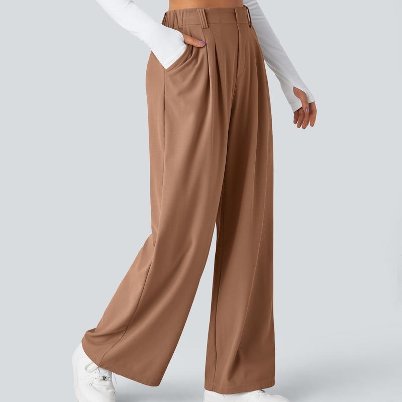 High Rise Wide Waffle Work Pants With Pockets For Women