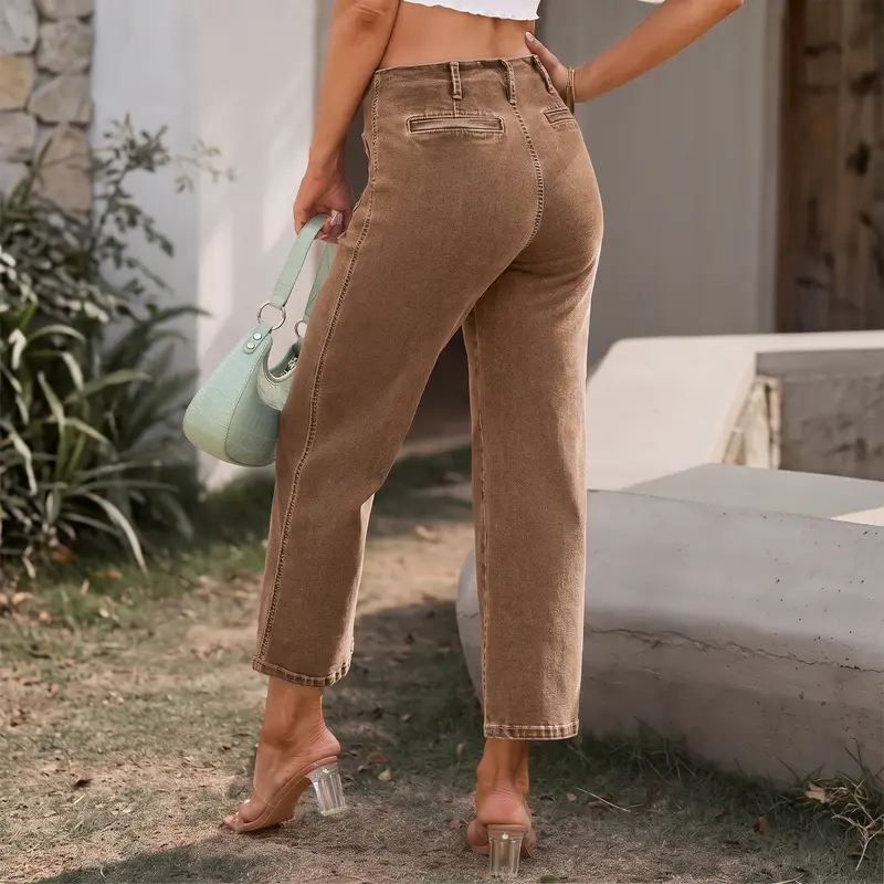 Stretchy Straight Fit Buttoned Loose Pants With Pockets For Women