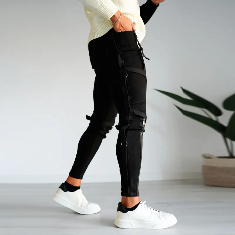  Hip Hop Tapered Slim Fit Zipper Jeans For Men