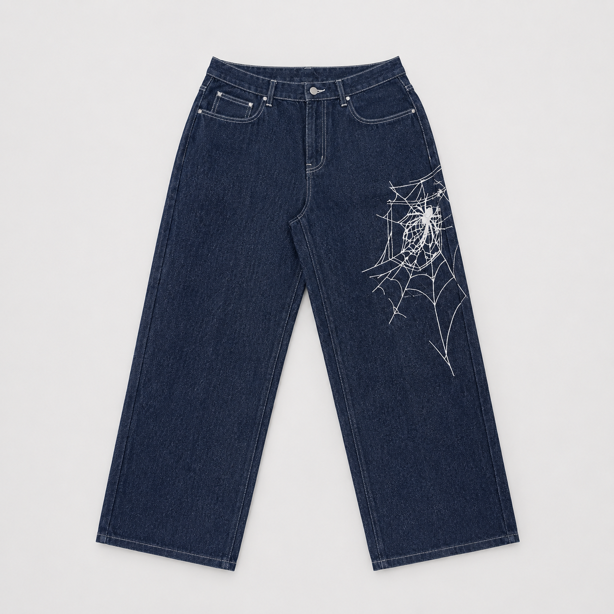 Loose Vintage Spider Web Embroidered Jeans For Men
