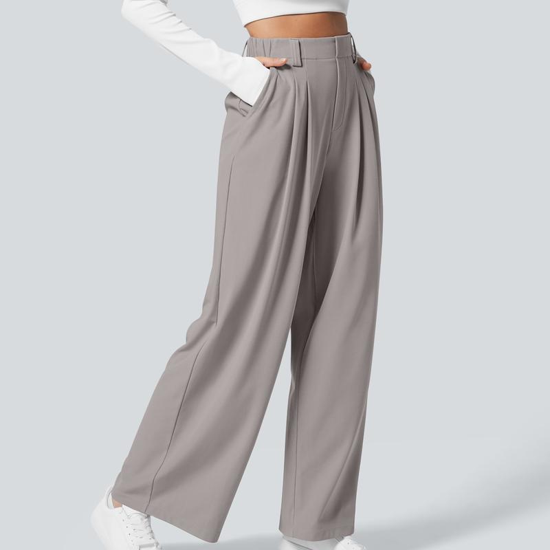 High Rise Wide Waffle Work Pants With Pockets For Women