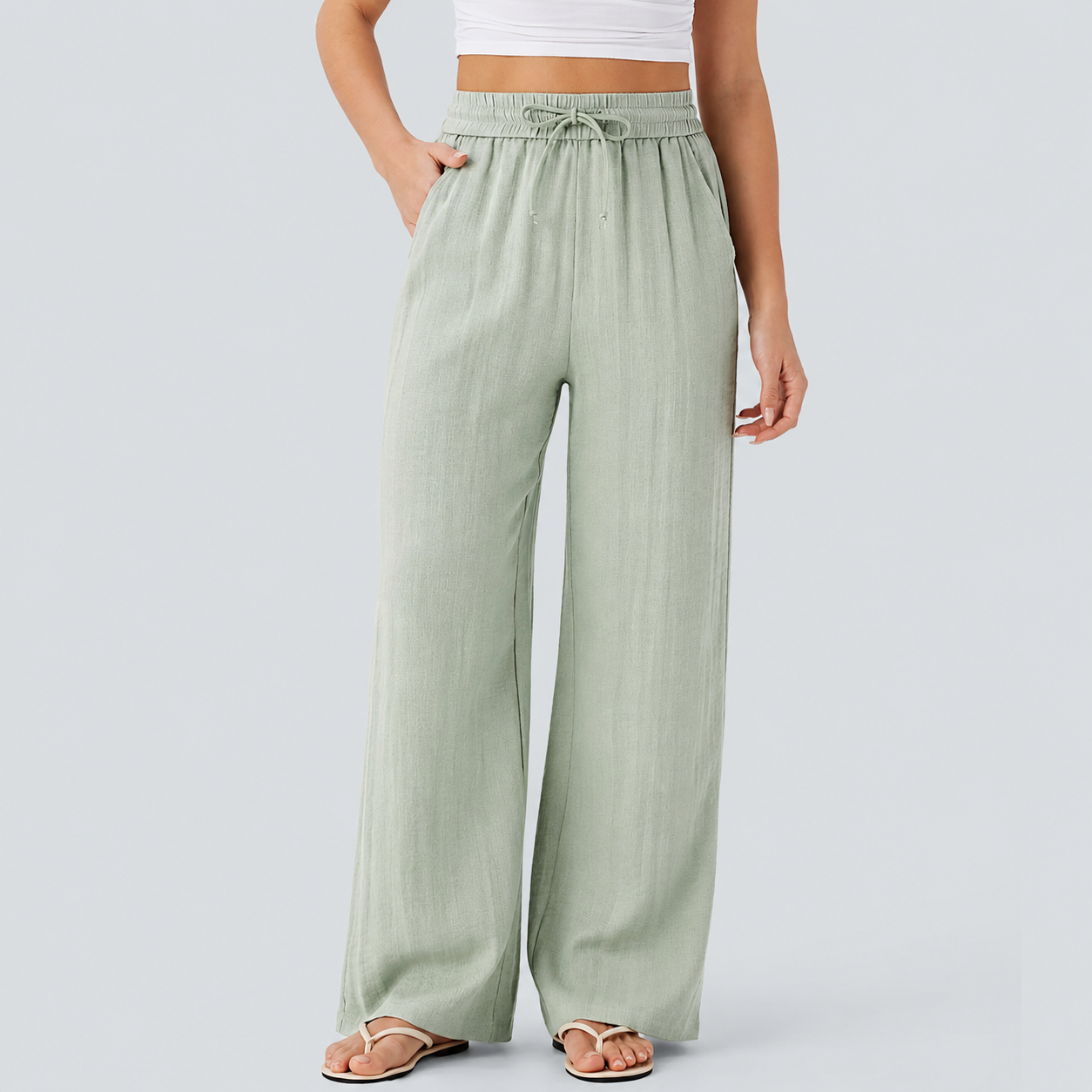 High Rise Wide Fit Drawstring Casual Pants With Pockets For Women