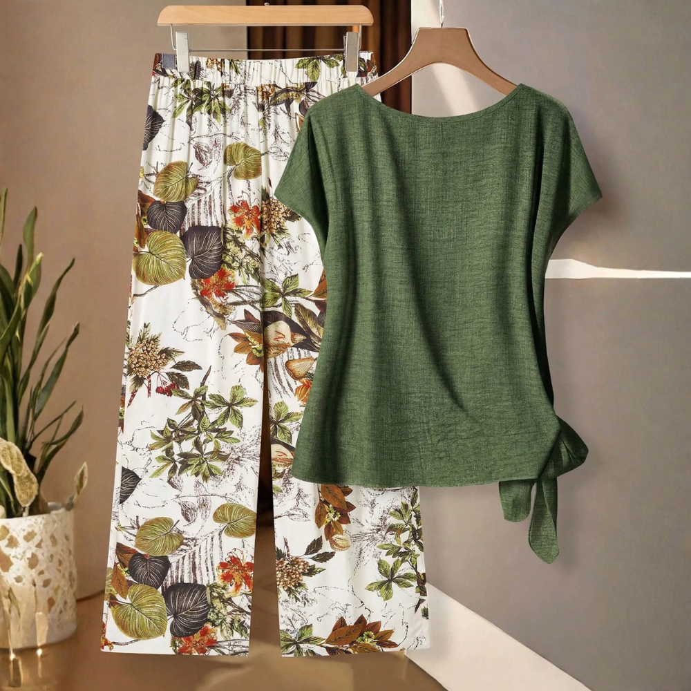 Casual Bowknot Shirt & Loose Straight Geometric Print Pants Set
