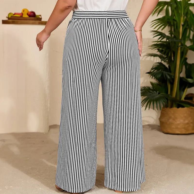 Casual Wide Plus Size Striped Pattern Pants For Women