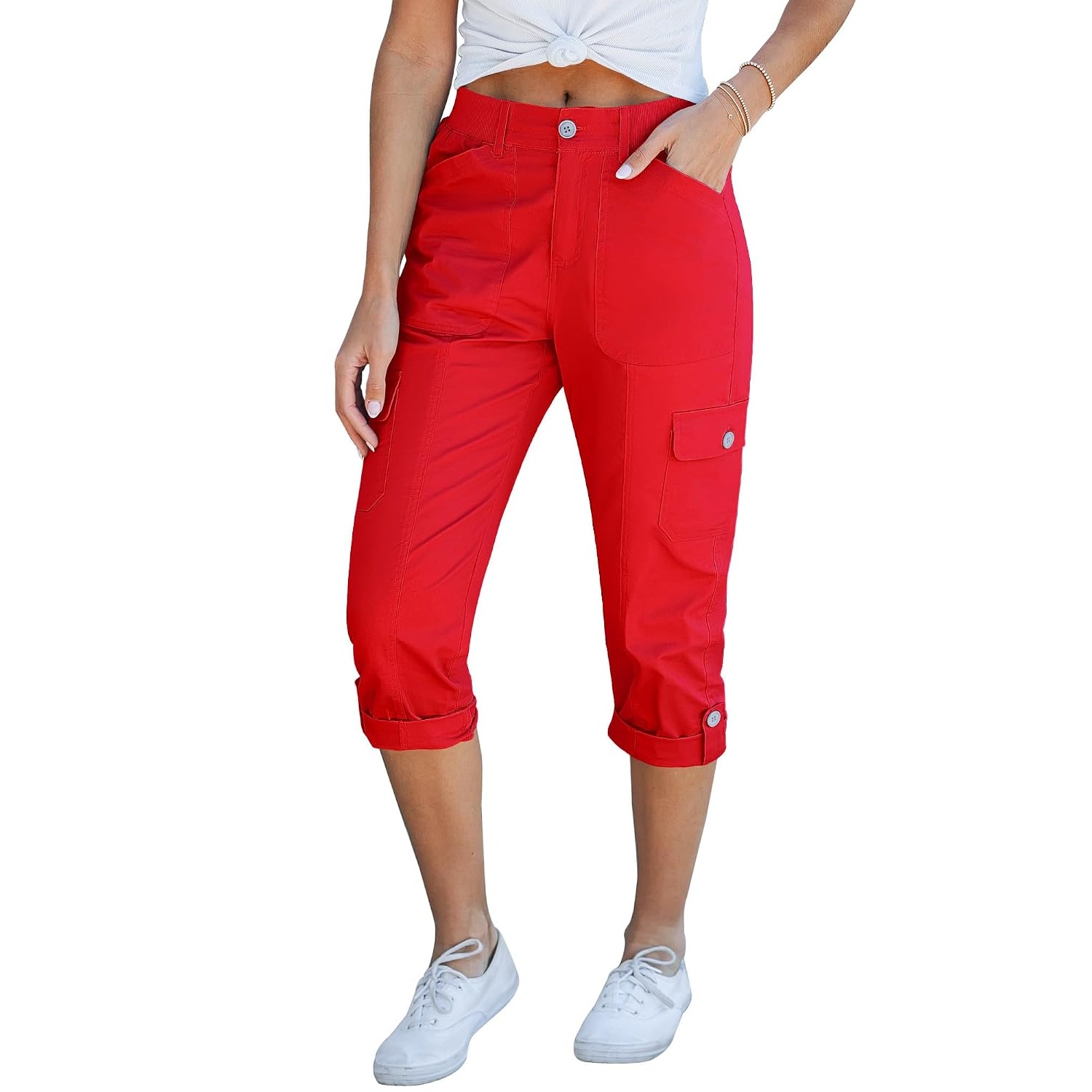 Casual Cargo Capri Pants With Knit Waistband
