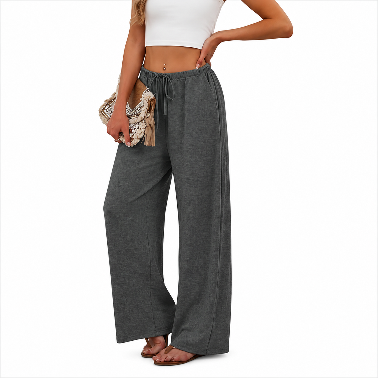 Flowy Palazzo Pants With Pockets And Drawstring Style For Women