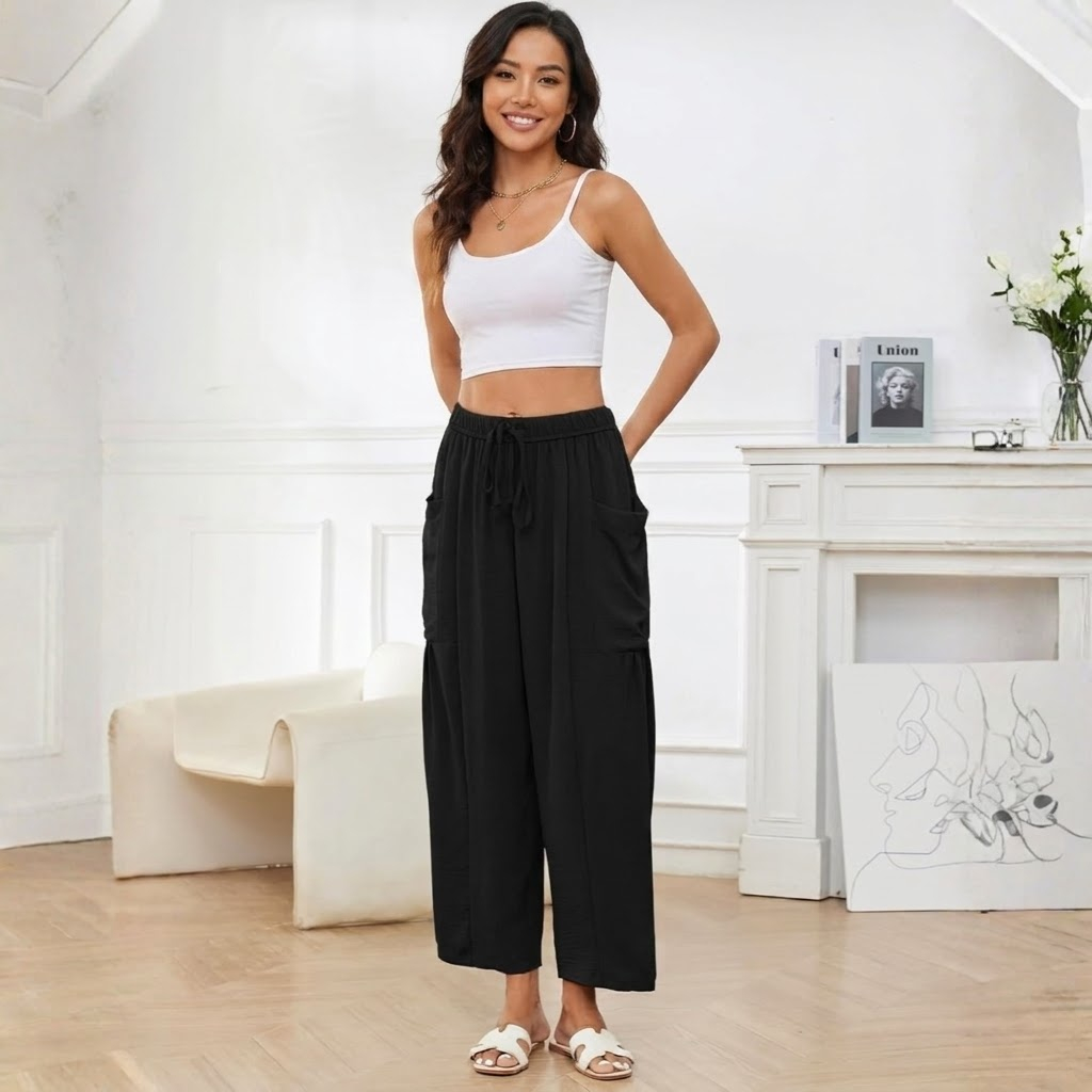 High Rise Flowy Palazzo Wide Harem Pants for Women With Drawstring and Pockets