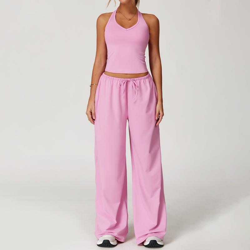 Casual Summer Ribbed Matching Set With Athleisure Strappy Top And Pants