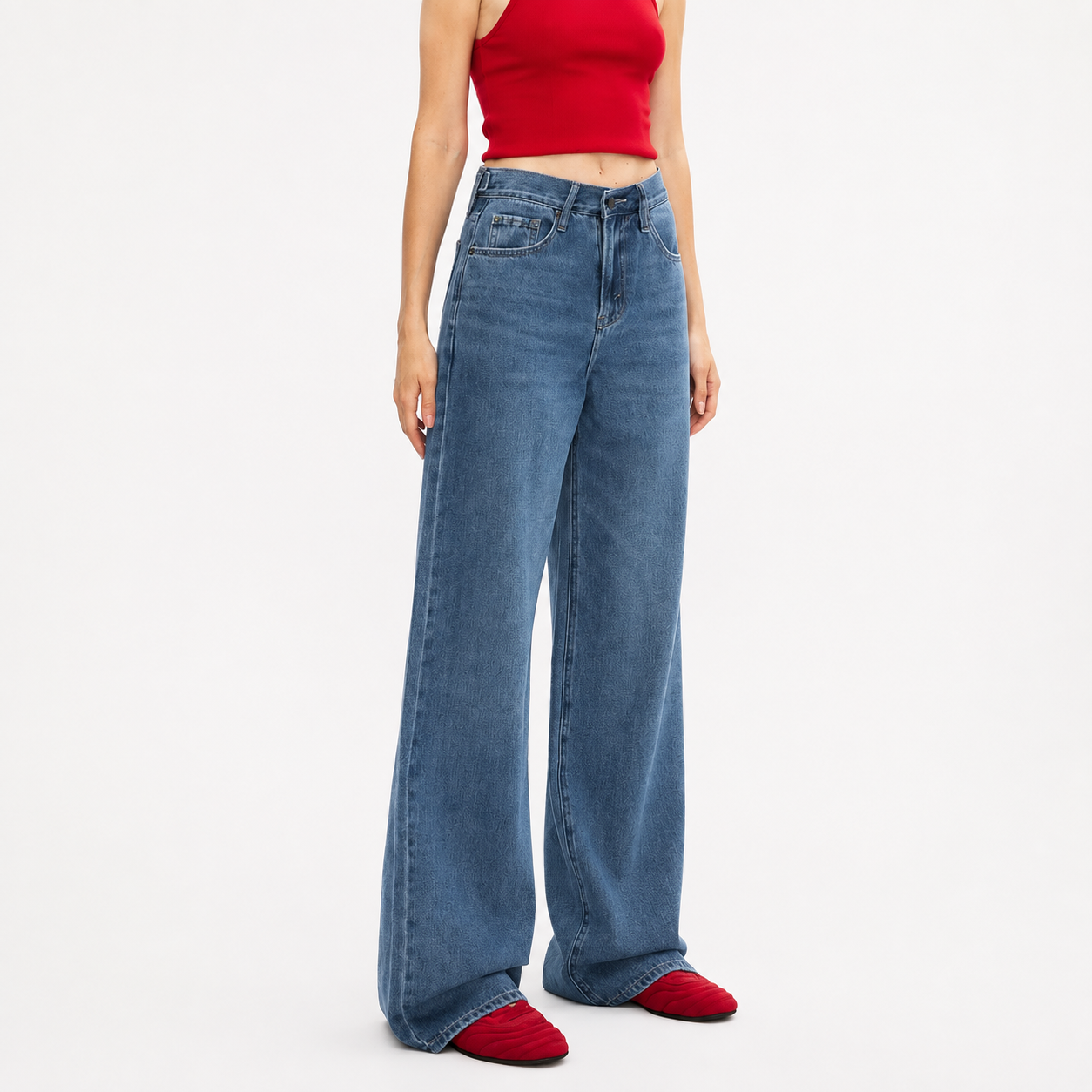 High Rise Wide Straight Baggy Jeans With Snap Button Waistband For Women