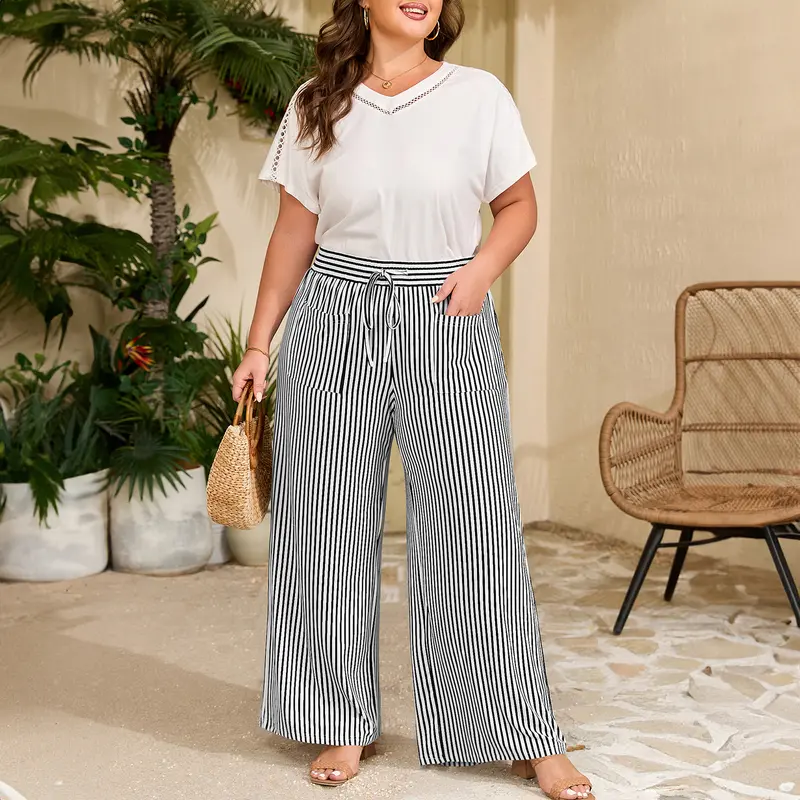 Casual Wide Plus Size Striped Pattern Pants For Women