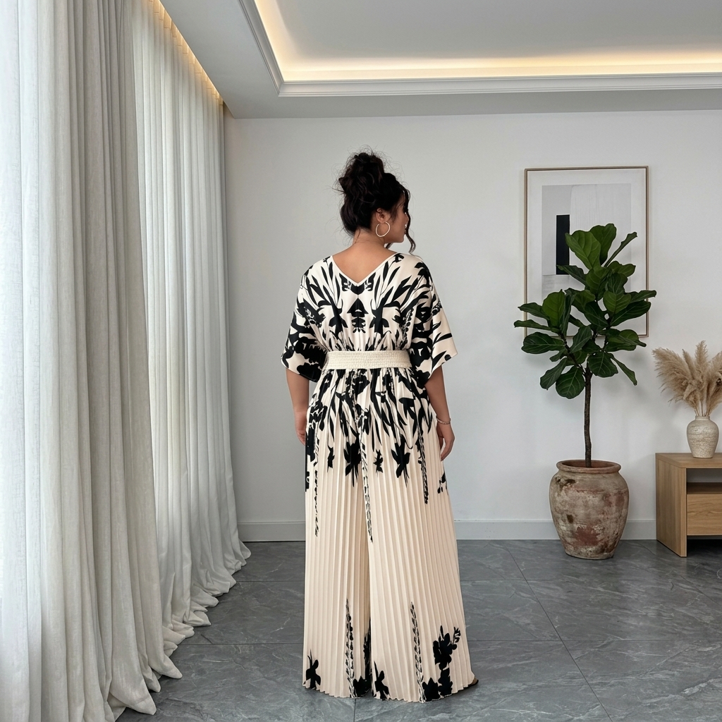 Women's Printed Deep V Neck Batwing Sleeve Pleated Elegant Jumpsui