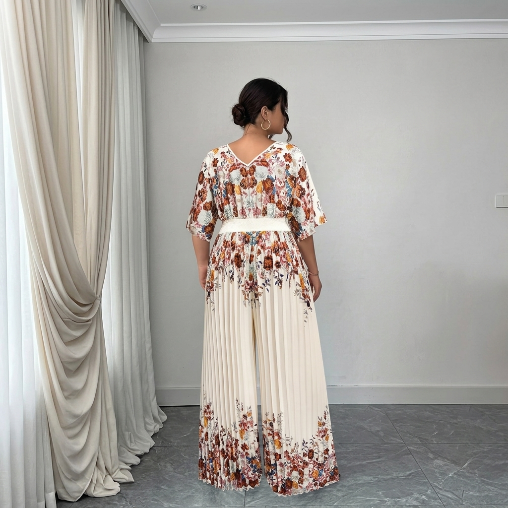 Women's Printed Deep V Neck Batwing Sleeve Pleated Elegant Jumpsui