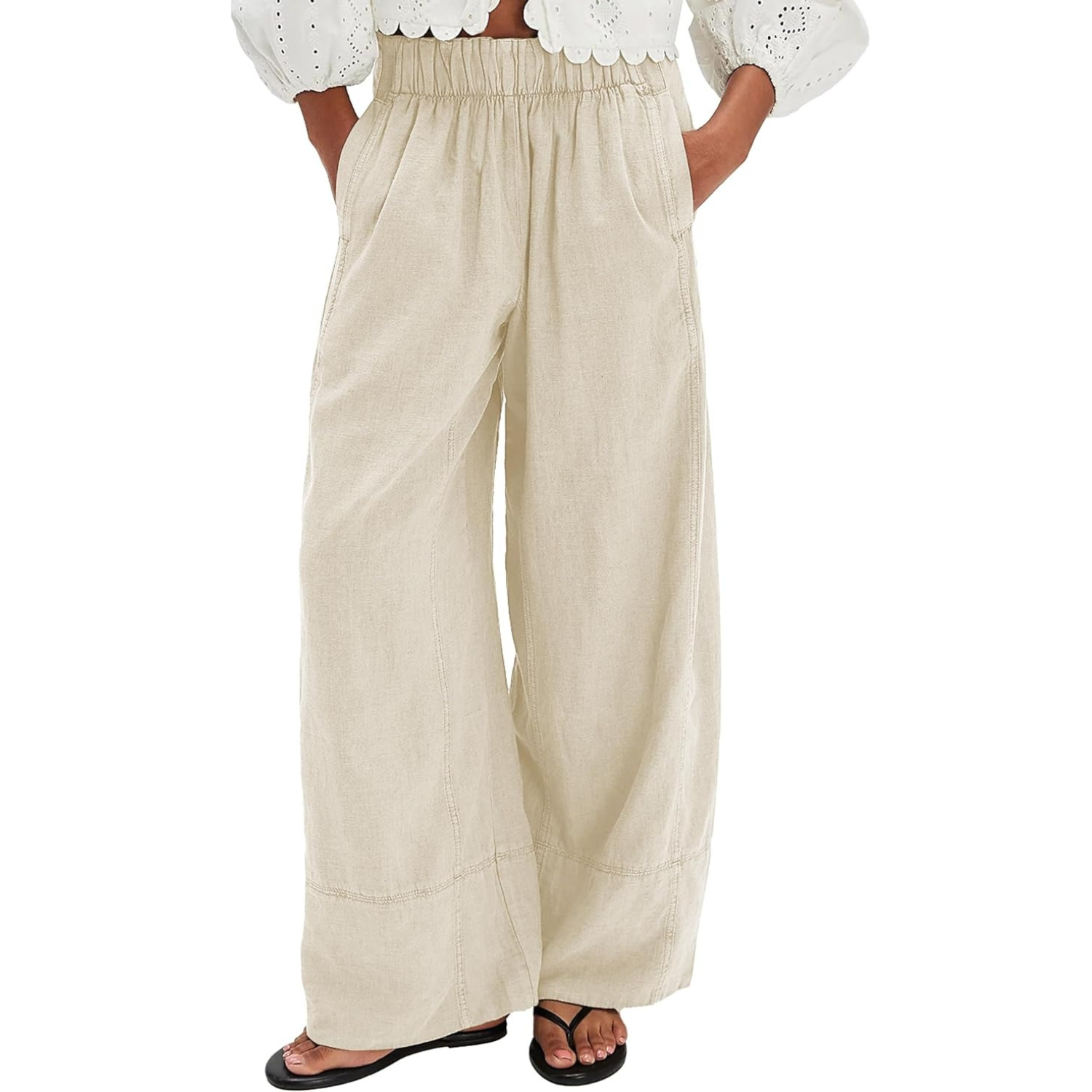 Wide Palazzo Boho Linen Cotton Casual Trousers Pants for Women with Pockets