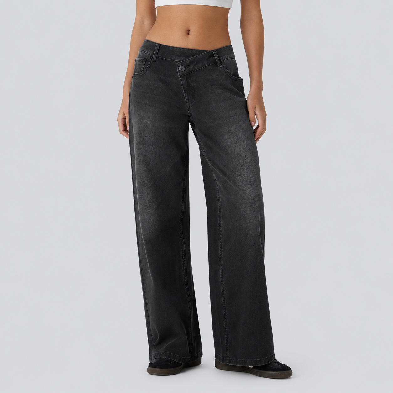Asymmetric Low Rise Baggy Wide Casual Jeans With Pockets For Women