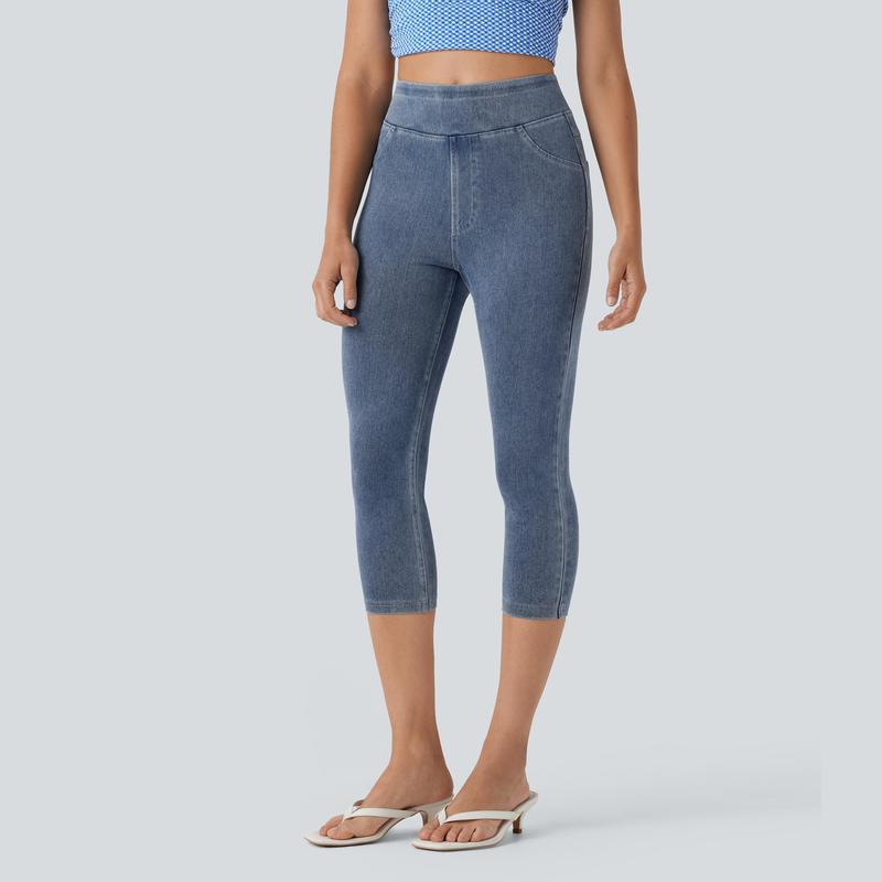 High Rise Stretchy Knit Denim Capri Leggings For Women