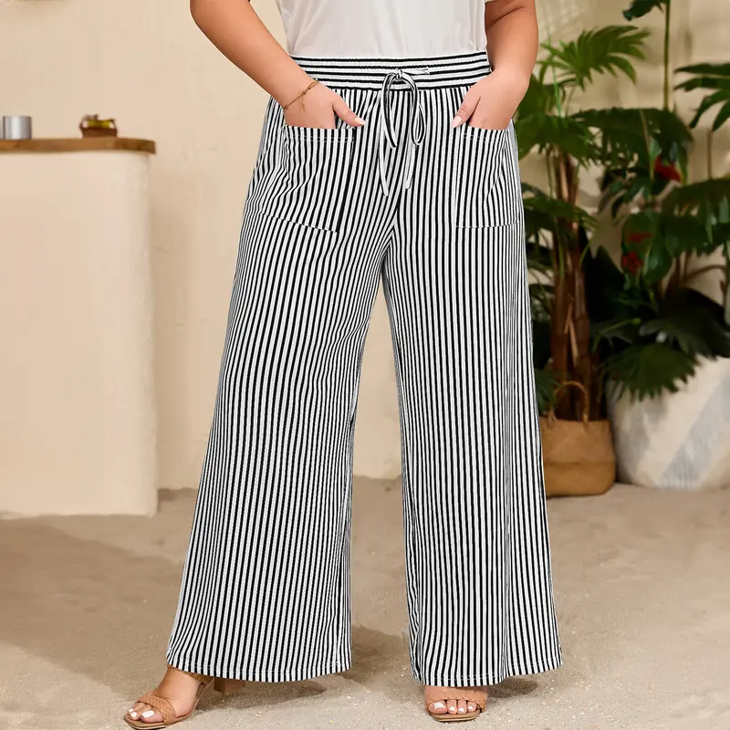 Casual Wide Plus Size Striped Pattern Pants For Women