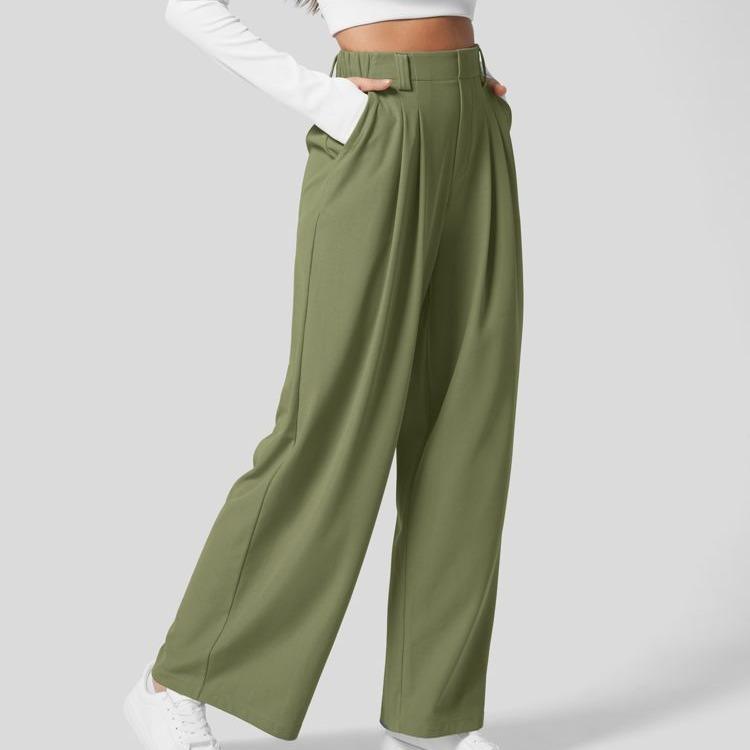 High Rise Wide Waffle Work Pants With Pockets For Women